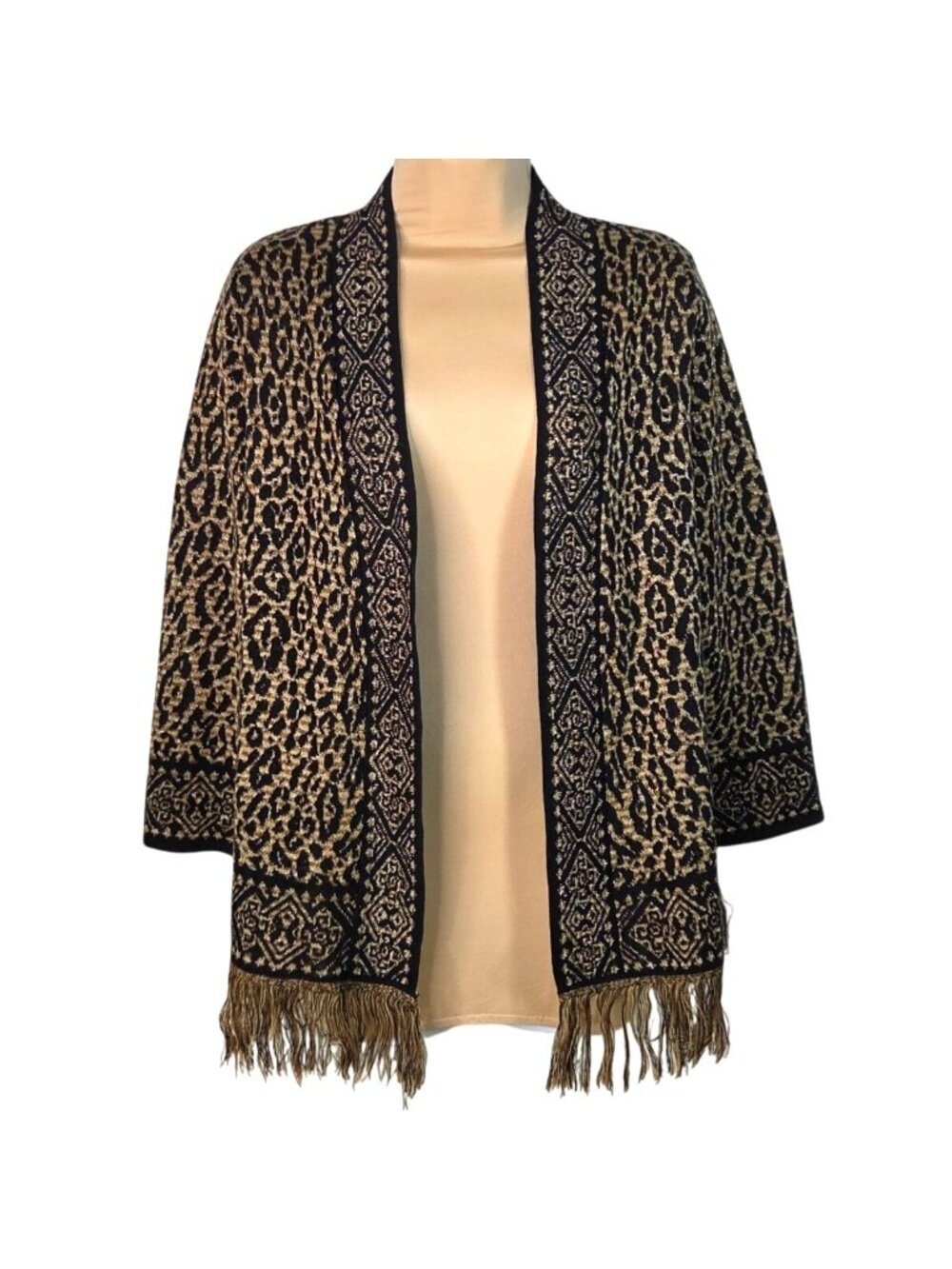 Ruby Rd. Petite PXL Leopard Print Open Front Cardigan With Metallic Gold and Fr